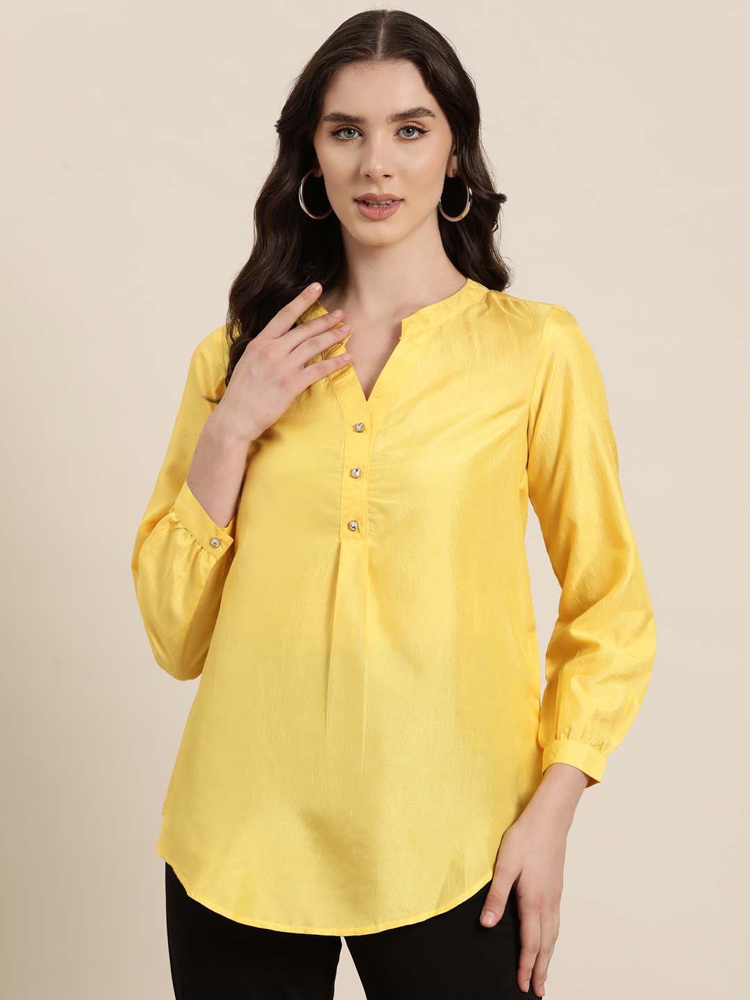 Yellow silk half-placket shirt with full cuff sleeves and embellished buttons