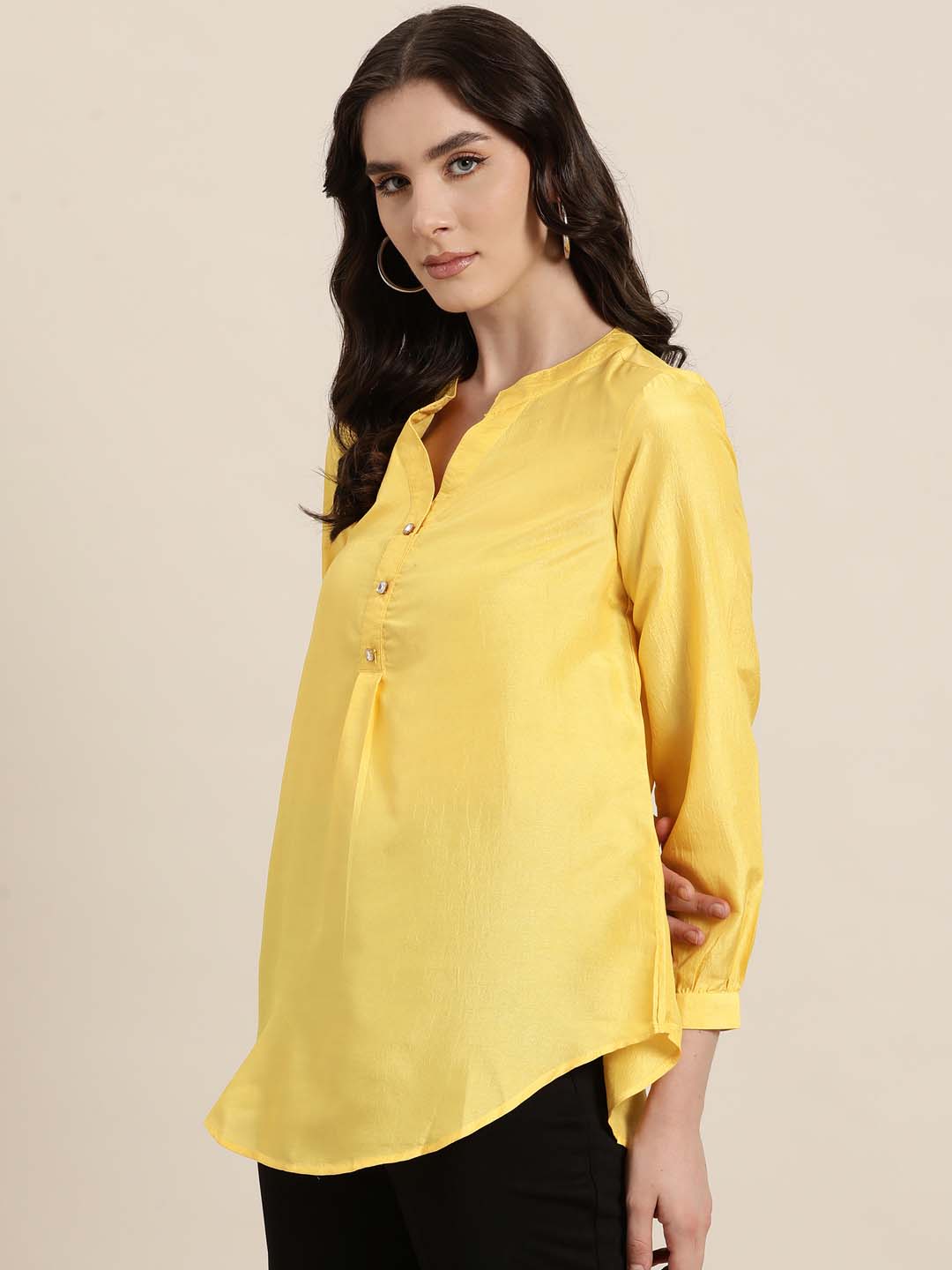 Yellow silk half-placket shirt with full cuff sleeves and embellished buttons