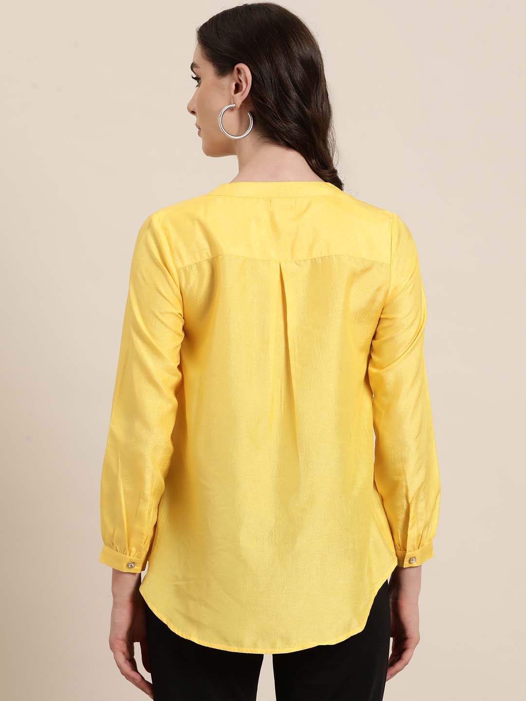 Yellow silk half-placket shirt with full cuff sleeves and embellished buttons