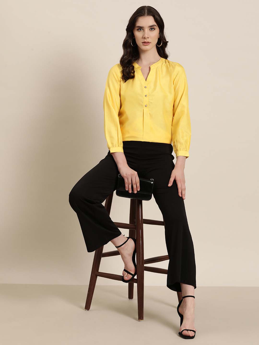 Yellow silk half-placket shirt with full cuff sleeves and embellished buttons