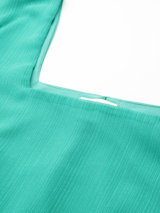 Emerald Green textured georgette square neck calf-length dress