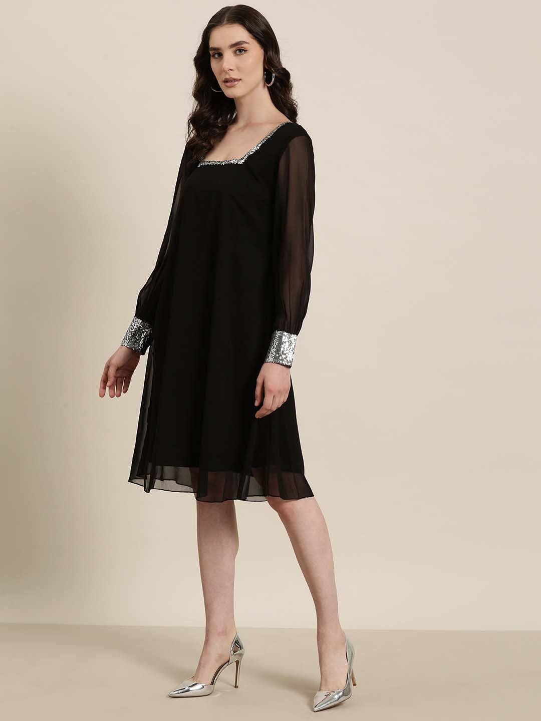 Black georgette sequins square neck calf-length party dress