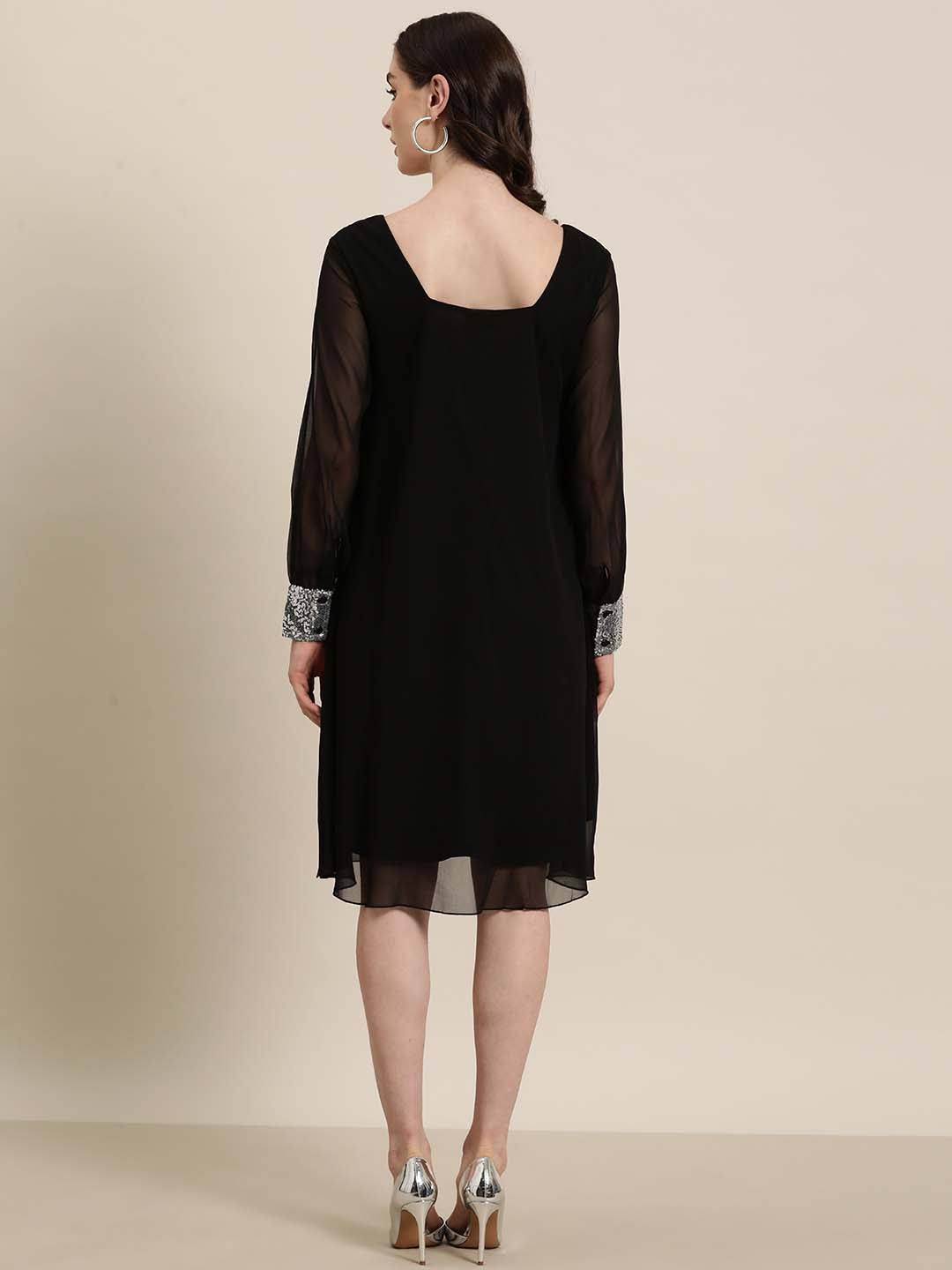 Black georgette sequins square neck calf-length party dress