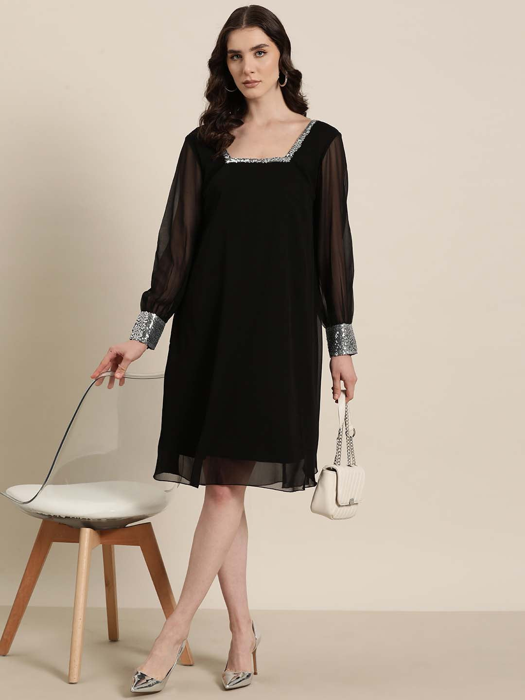 Black georgette sequins square neck calf-length party dress