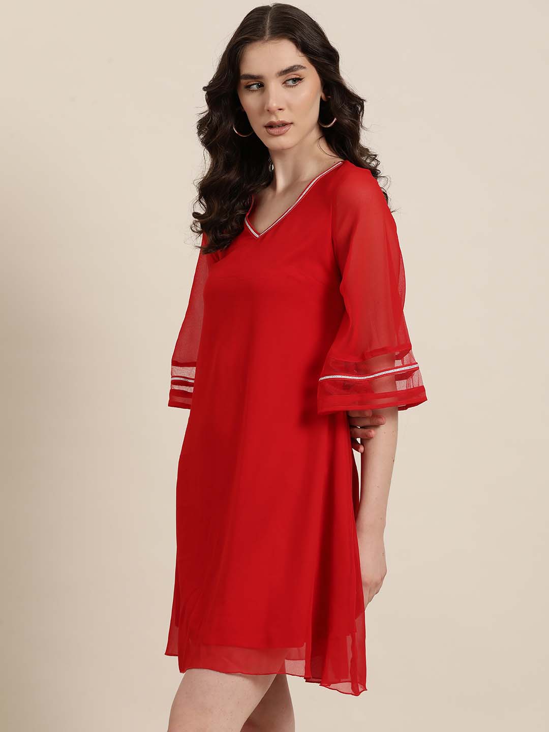 Red georgette V-Neck party dress with silver lace & mesh bell sleeves