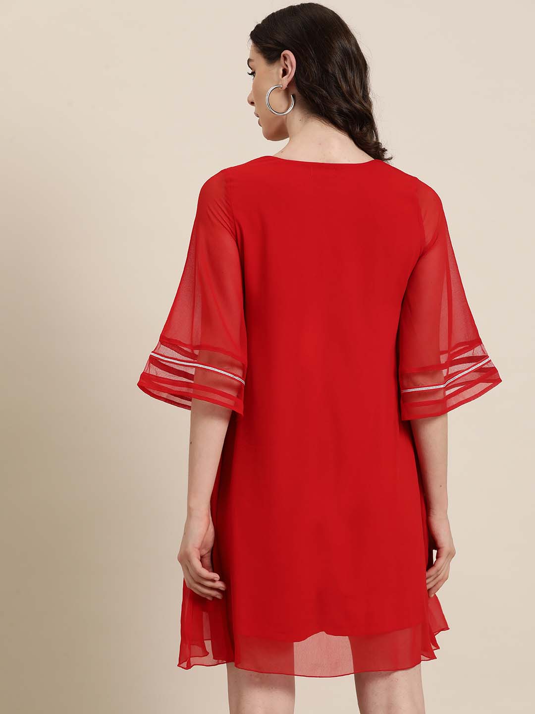 Red georgette V-Neck party dress with silver lace & mesh bell sleeves