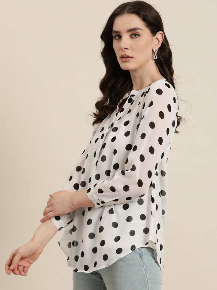 White and Black polka georgette half placket shirt
