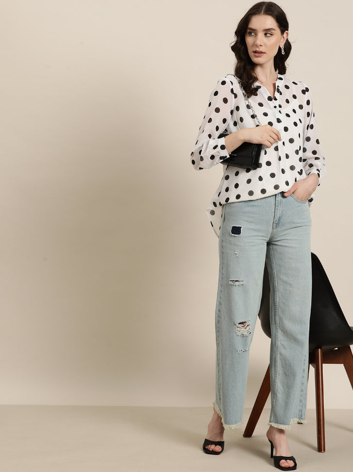 White and Black polka georgette half placket shirt