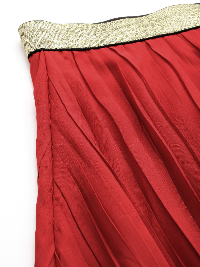 Red long pleated party skirt with a glittery elastic waistband