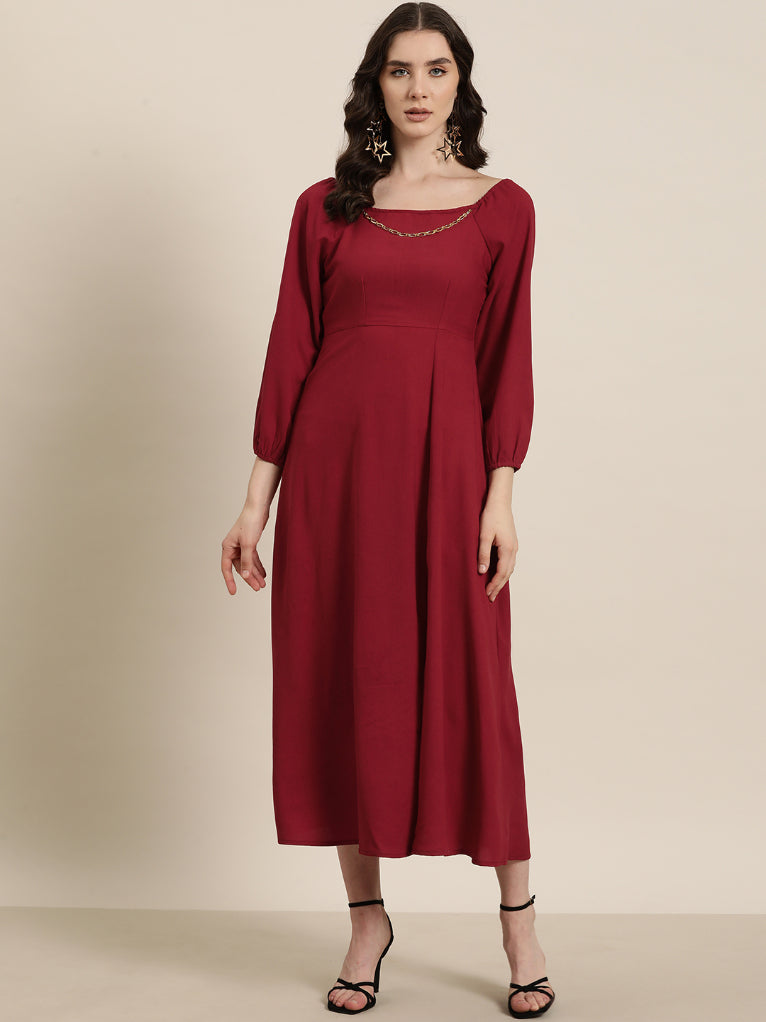 Deep Red long party dress embellished with gold chain