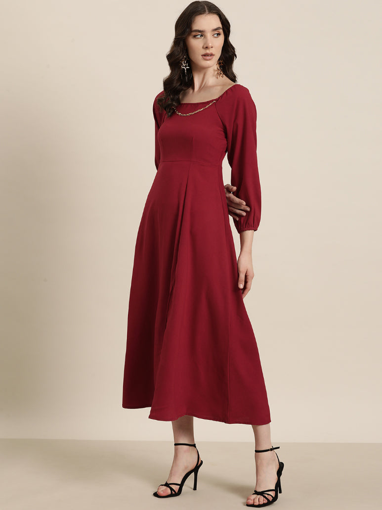 Deep Red long party dress embellished with gold chain
