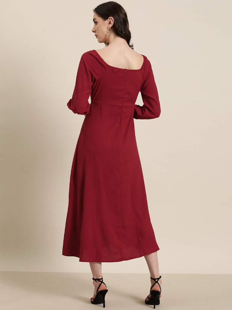 Deep Red long party dress embellished with gold chain