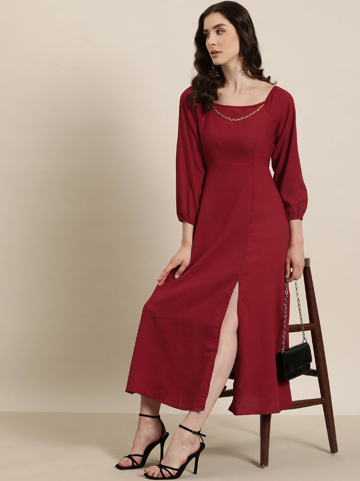 Deep Red long party dress embellished with gold chain