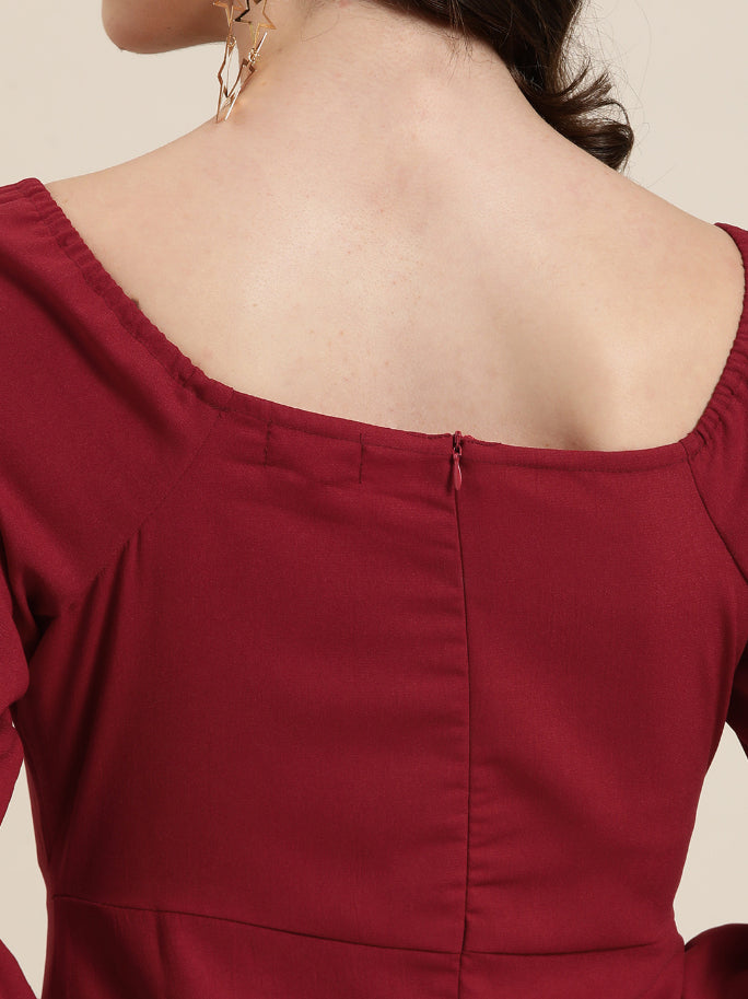 Deep Red long party dress embellished with gold chain