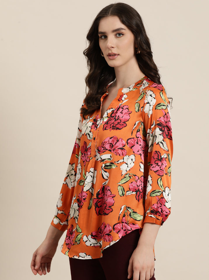 orange satin floral print mandrain collar shirt