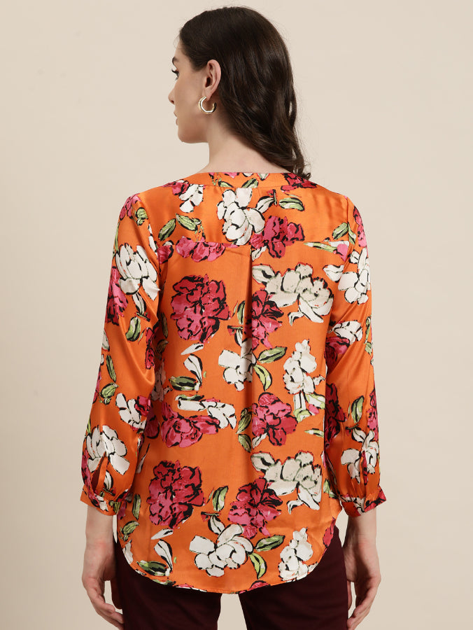 orange satin floral print mandrain collar shirt