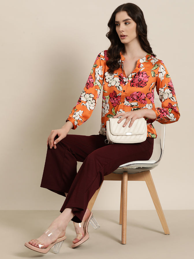 orange satin floral print mandrain collar shirt