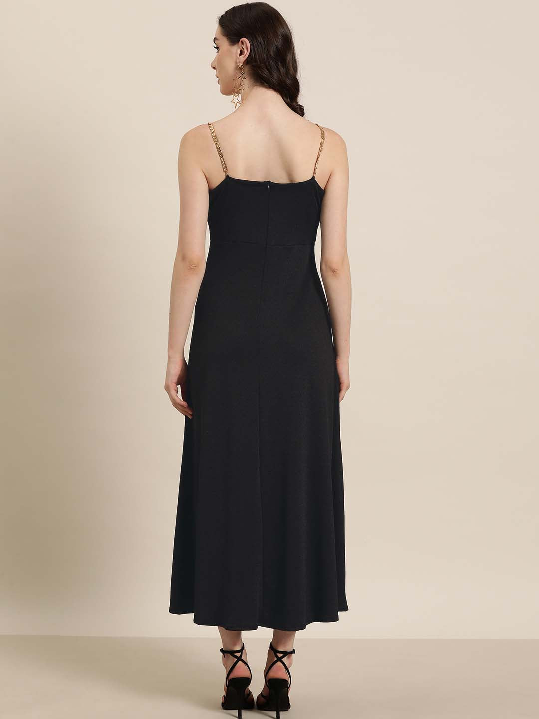 Black Long Party Dress with gold shouder chain straps