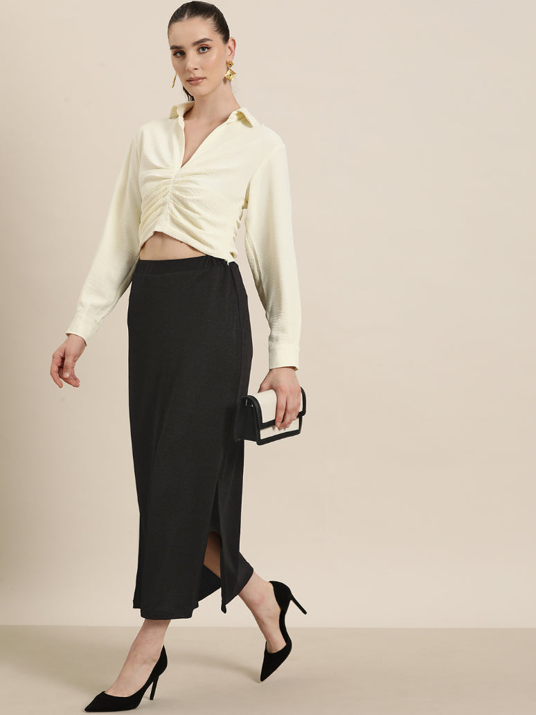 Black lycra straight skirt with side slits