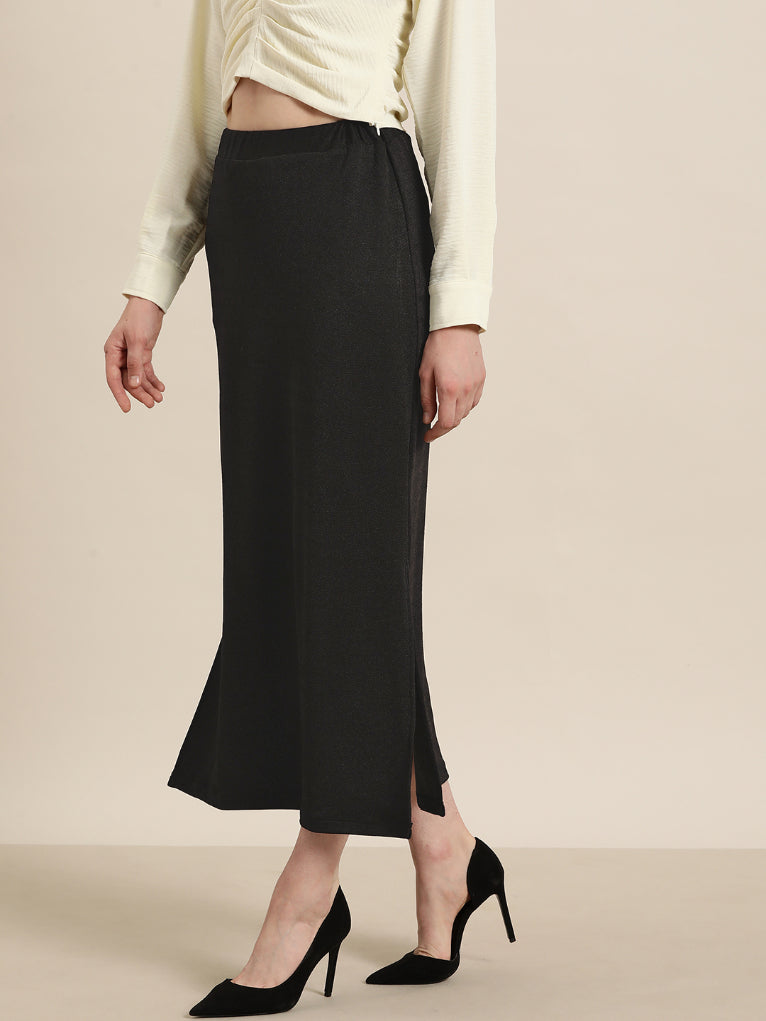 Black lycra straight skirt with side slits