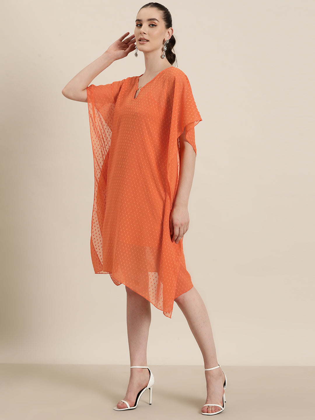 Orange V neck Kaftan with gold ring