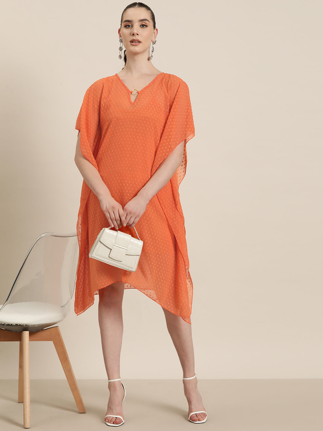 Orange V neck Kaftan with gold ring