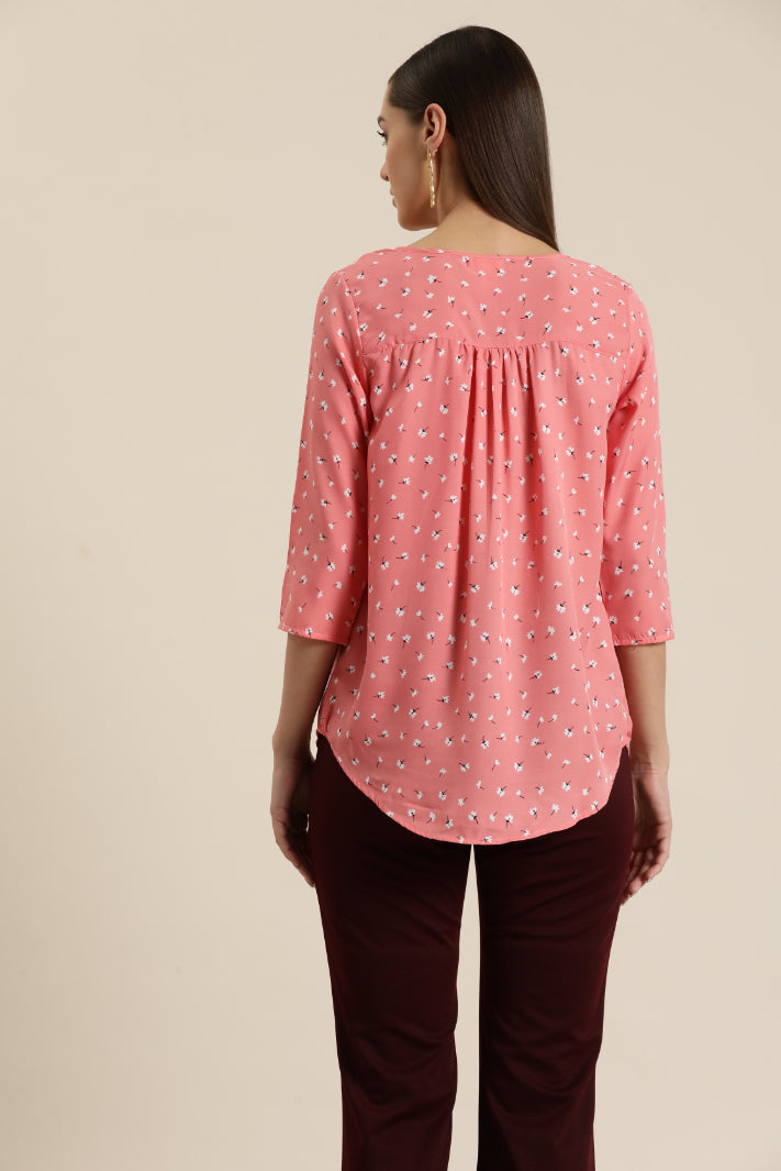 Pink Floral Gather Neck Top