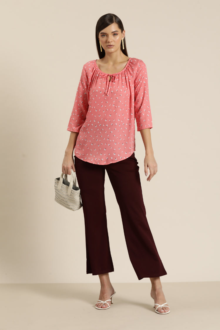 Pink Floral Gather Neck Top
