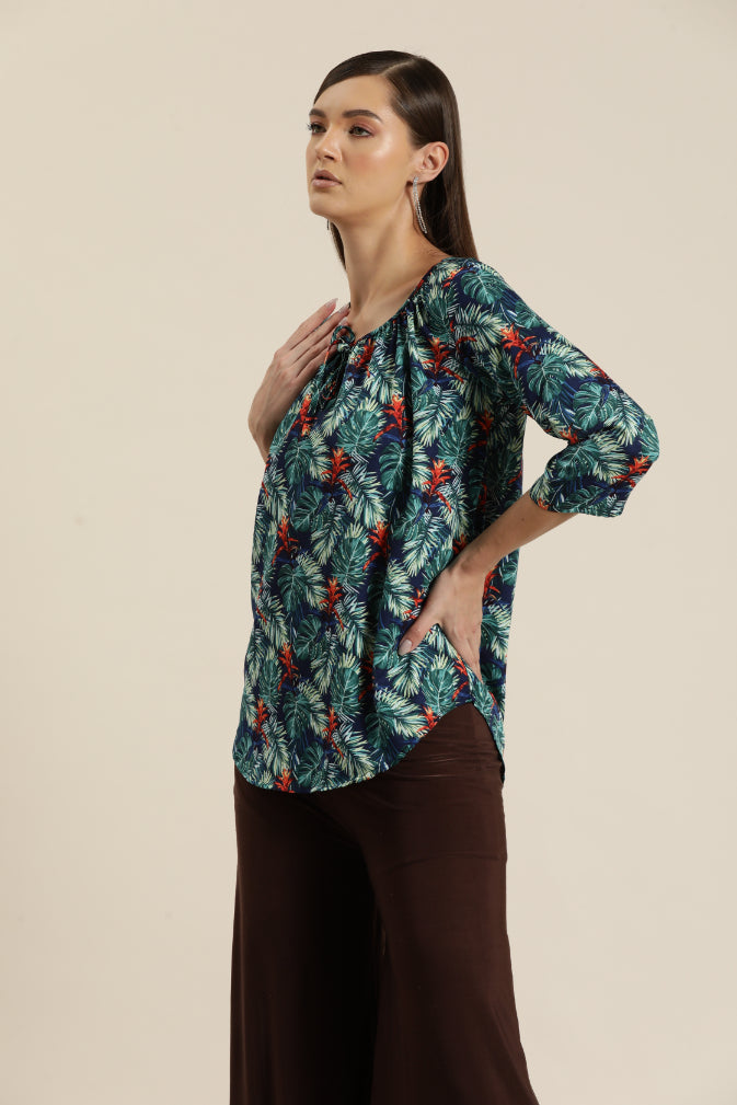 Green Tropical half placket shirt