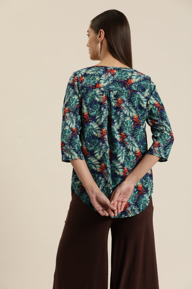 Green Tropical half placket shirt