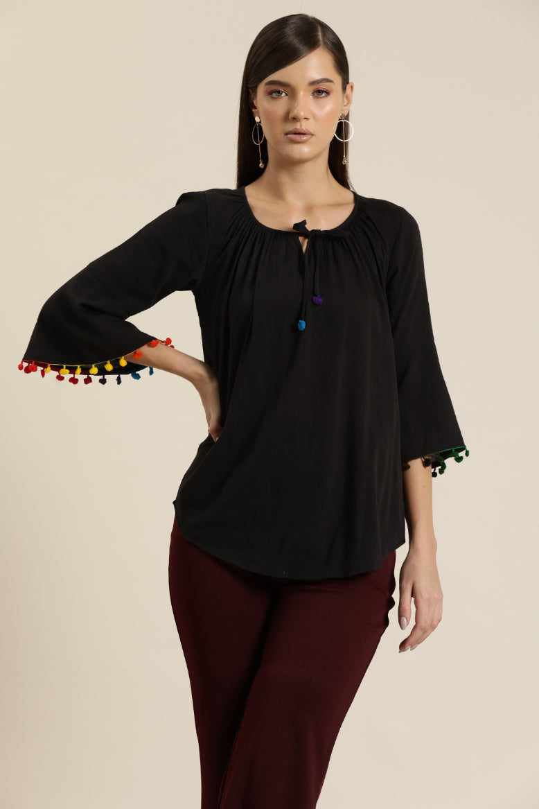 Black rayon Gather Neck Top