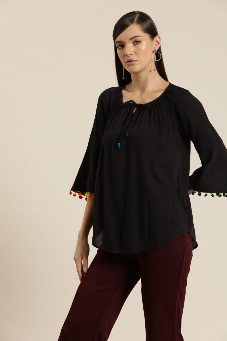 Black rayon Gather Neck Top