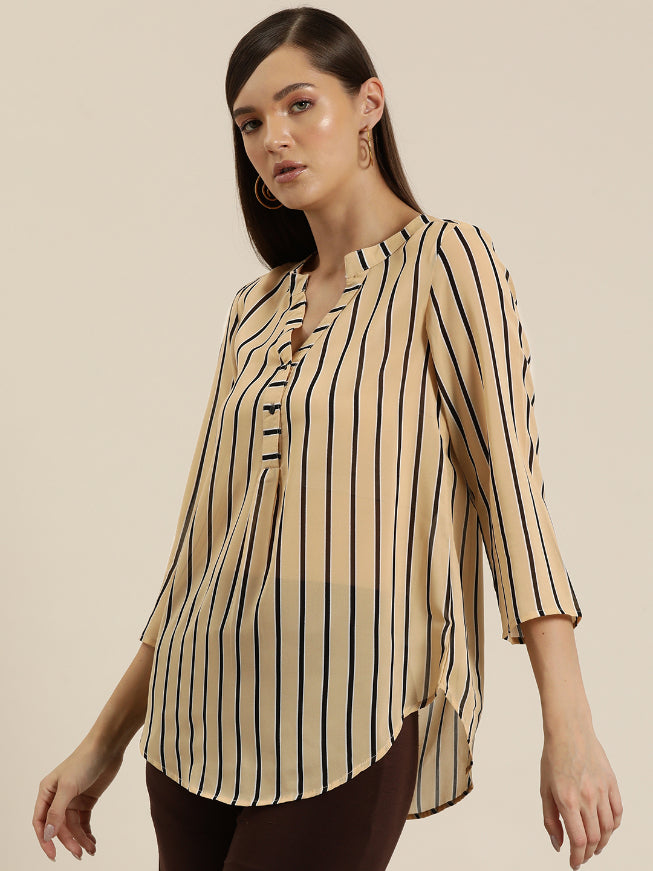 Beige stripe half placket shirt