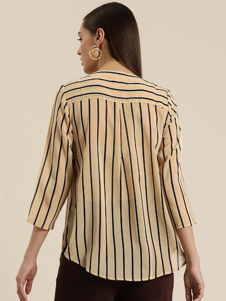 Beige stripe half placket shirt