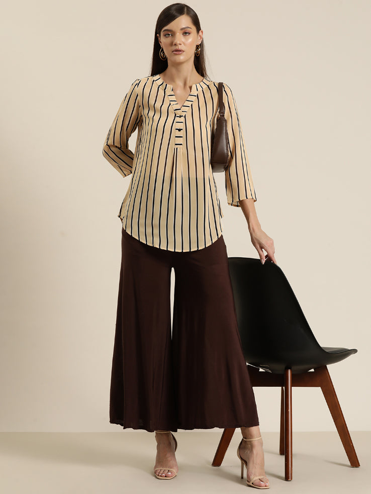Beige stripe half placket shirt