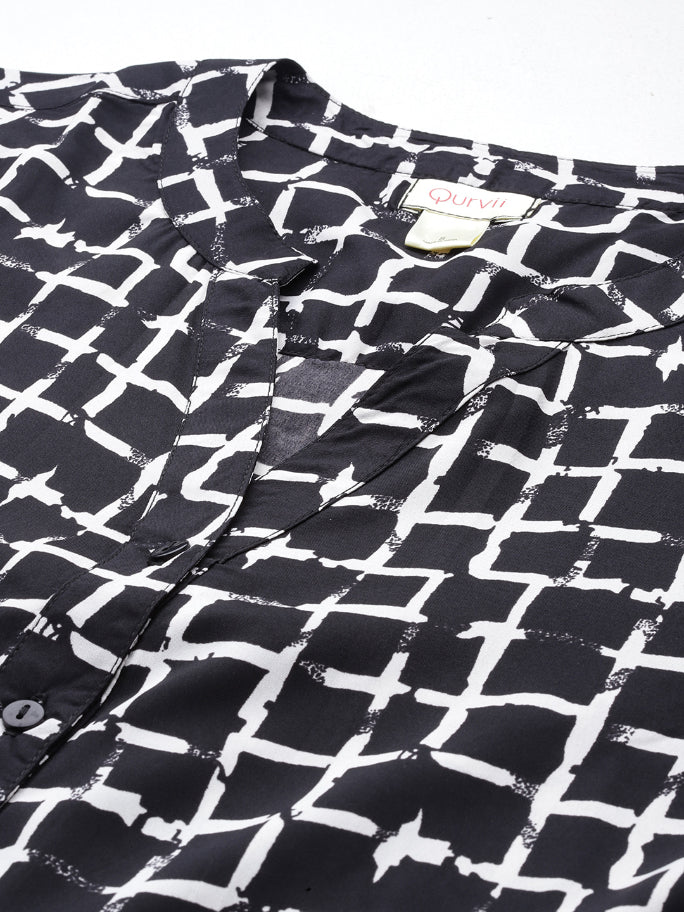 Black and white check half placket shirt