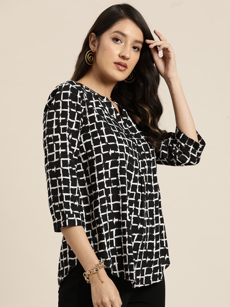 Black and white check half placket shirt