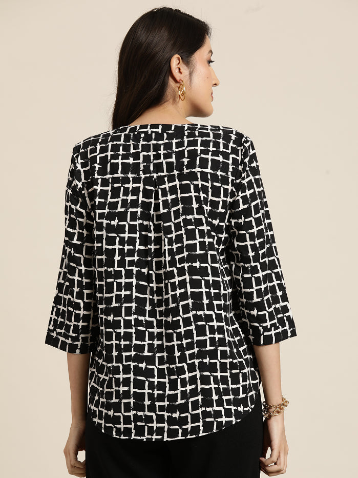 Black and white check half placket shirt