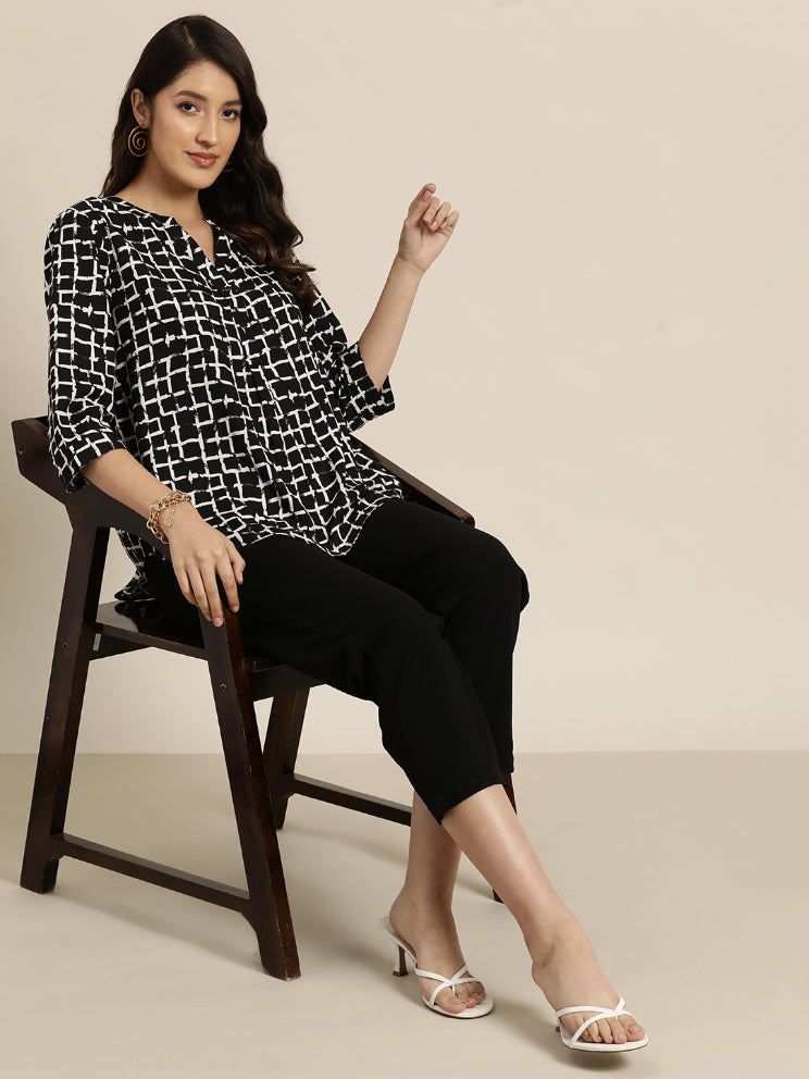 Black and white check half placket shirt