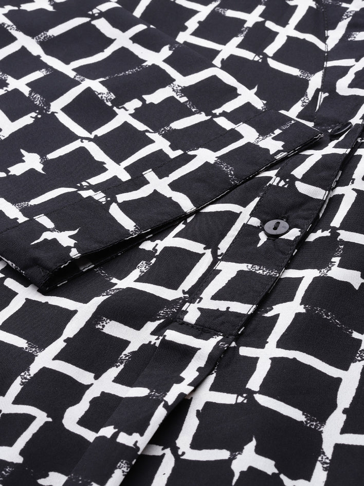 Black and white check half placket shirt