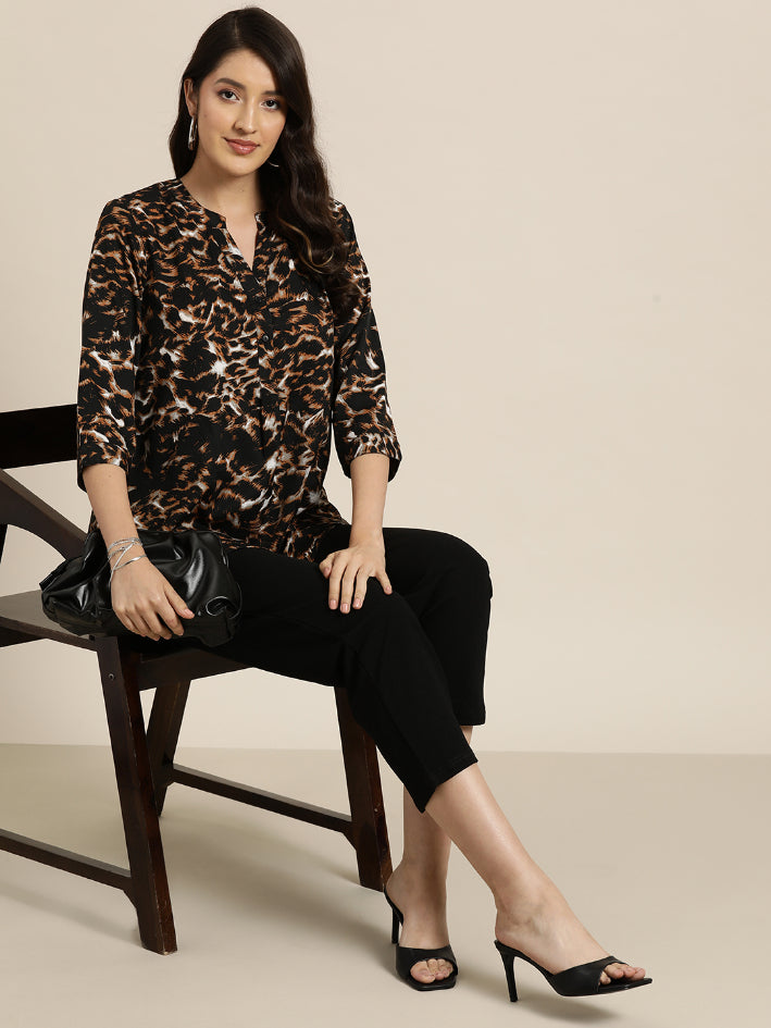 Brown leopard print half placket shirt