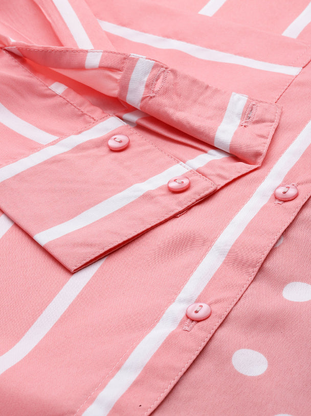 Pink and white small polka dott and stripe full placket shirt