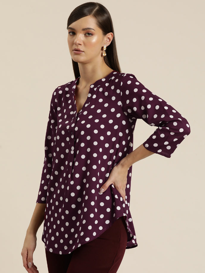 Burgundy and white polka dott half placket shirt