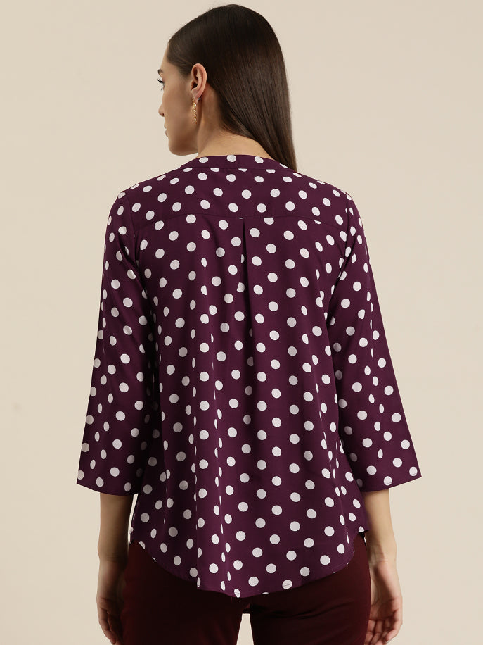 Burgundy and white polka dott half placket shirt