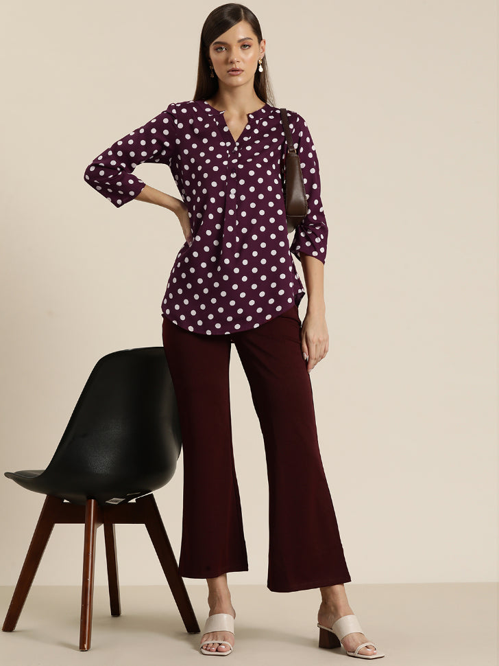 Burgundy and white polka dott half placket shirt