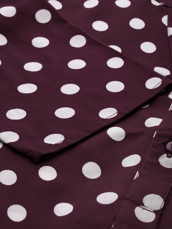 Burgundy and white polka dott half placket shirt