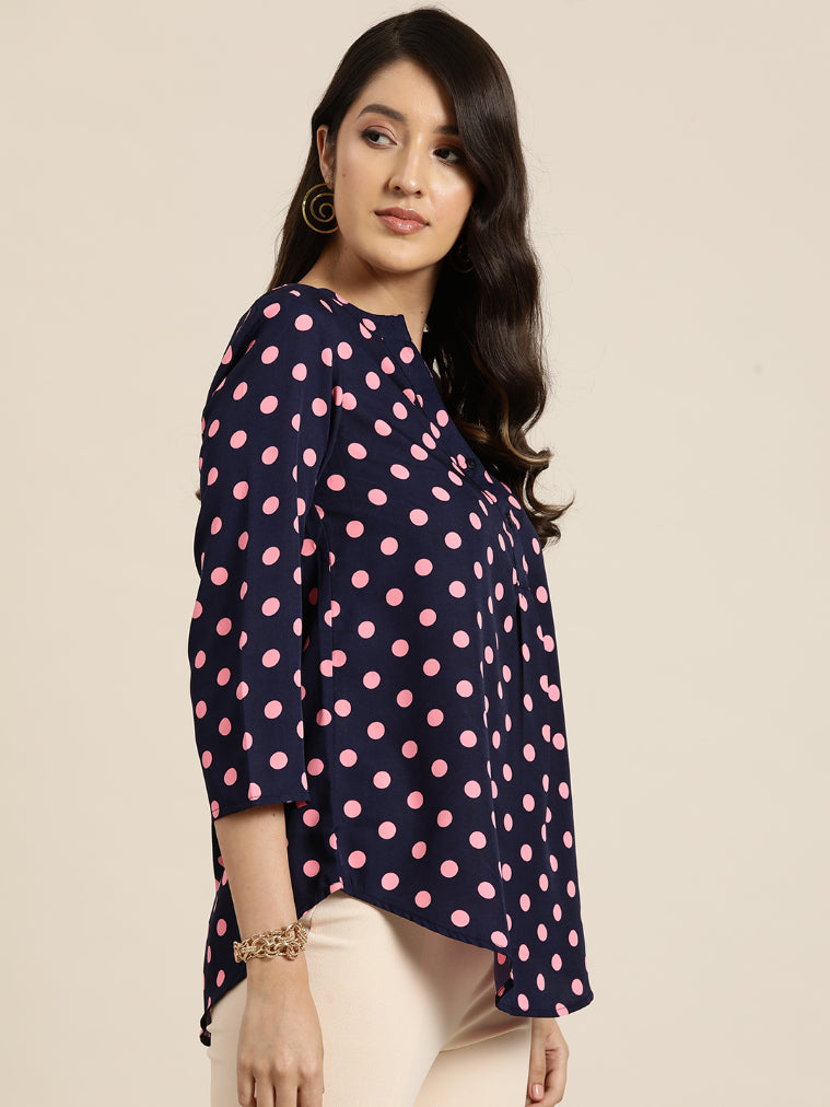 Navy and Pink polka dott half placket shirt