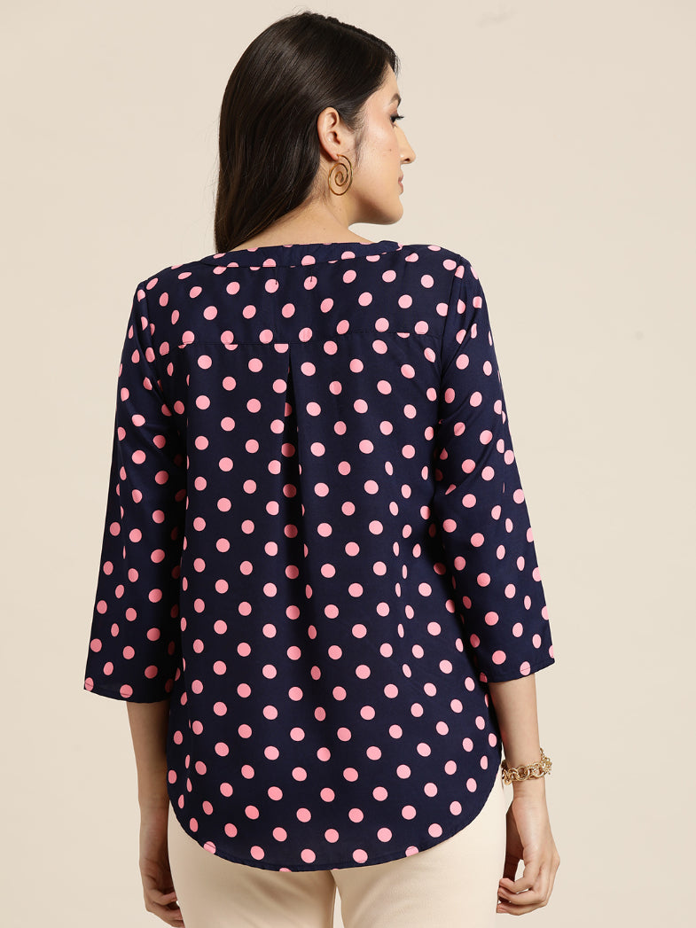 Navy and Pink polka dott half placket shirt