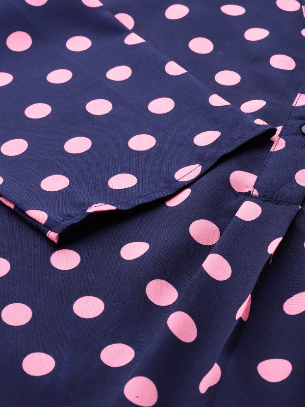 Navy and Pink polka dott half placket shirt