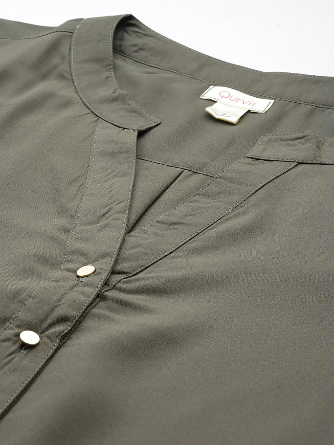 Solid Olive crepe half placket shirt